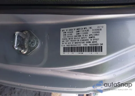 2012 Honda Accord 2.4 Ex-L z USA, uszkodzony, nr VIN 1HGCS1B83CA021232